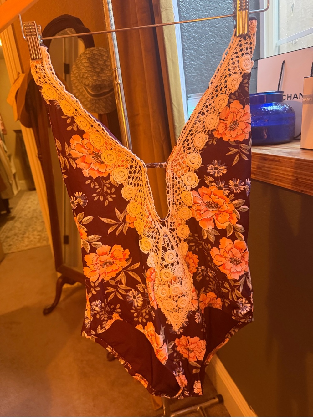 Kona Sol Floral One-Piece Swimsuit in Brown and Orange with Cream Crochet